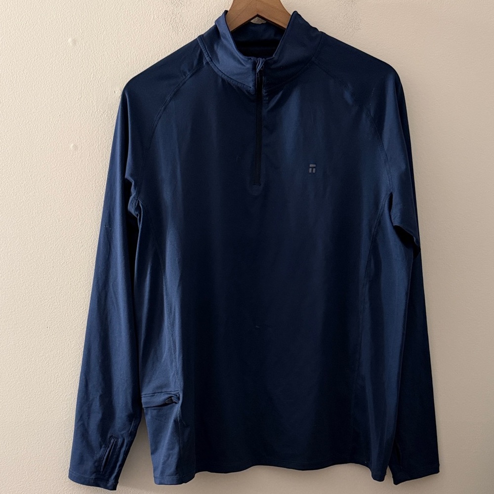 Tommy John Mens quarter Zip Pocket Performance pullover thumbholes navy blue L
